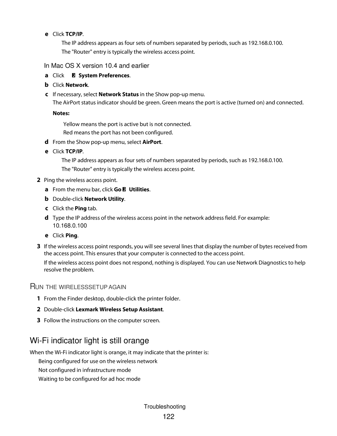 Lexmark 4600 Wi-Fi indicator light is still orange, 122, Mac OS X version 10.4 and earlier, Double-clickNetwork Utility 