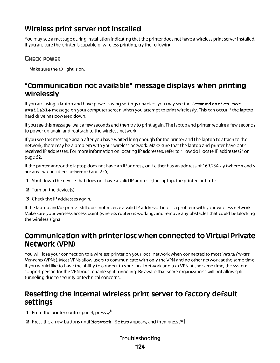 Lexmark 4600, 3600 manual Wireless print server not installed, 124 