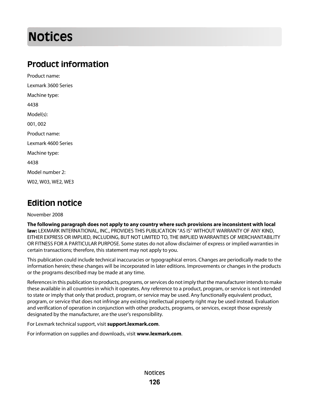 Lexmark 4600, 3600 manual Product information, Edition notice, 126 