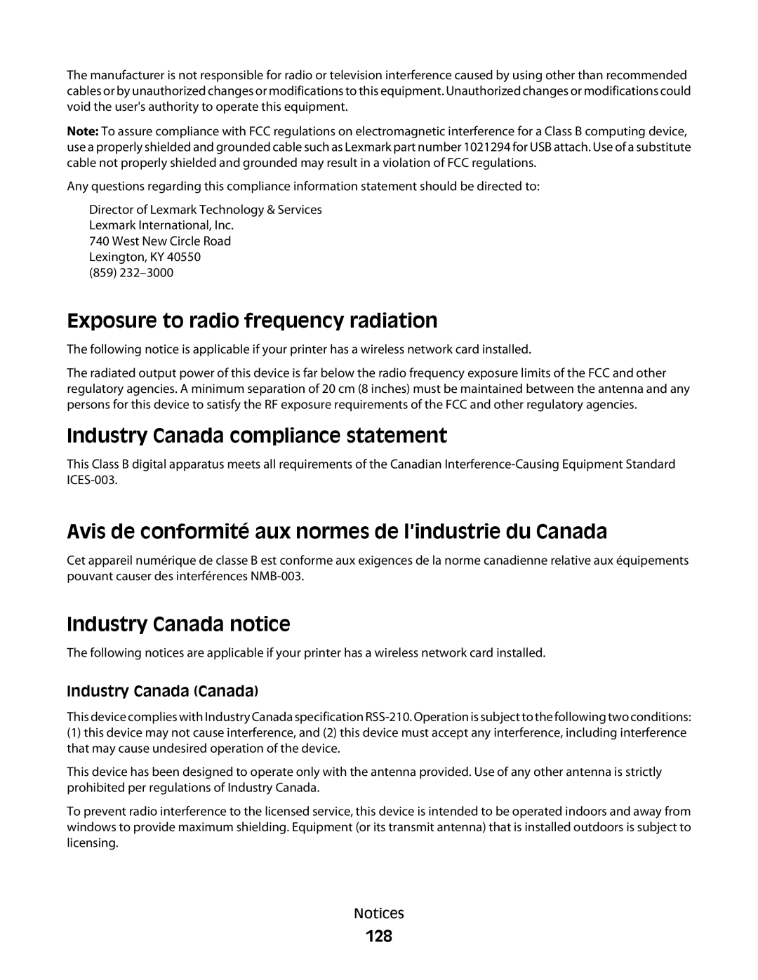 Lexmark 4600 Exposure to radio frequency radiation, Industry Canada compliance statement, Industry Canada notice, 128 