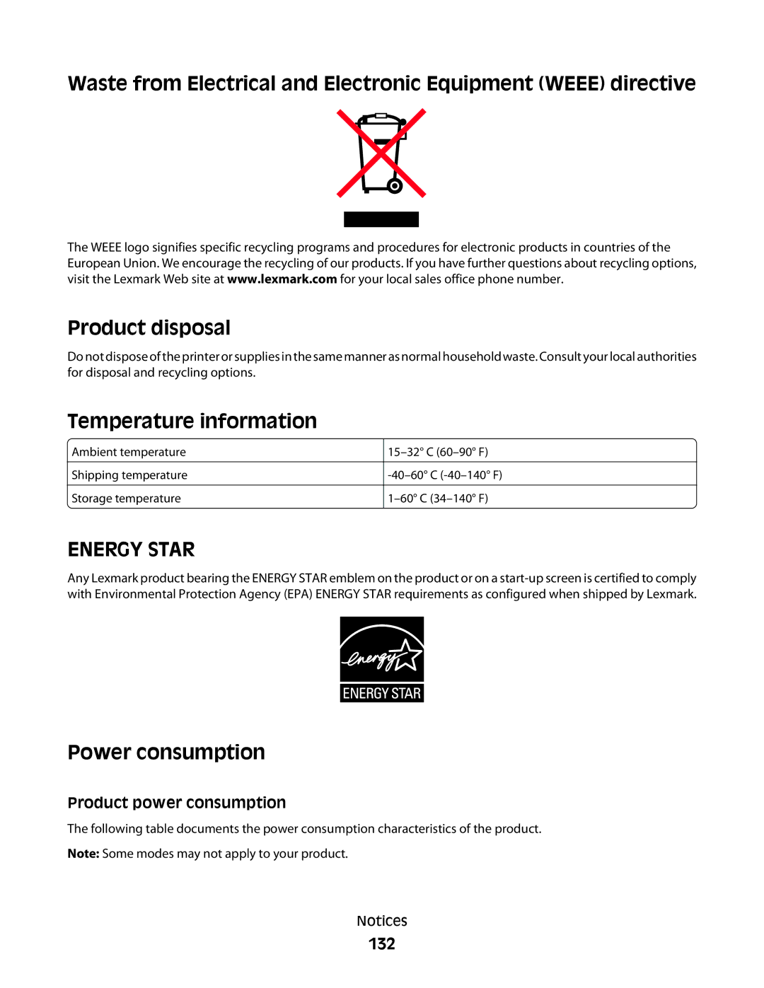 Lexmark 4600, 3600 manual Temperature information, Power consumption, 132, Product power consumption 