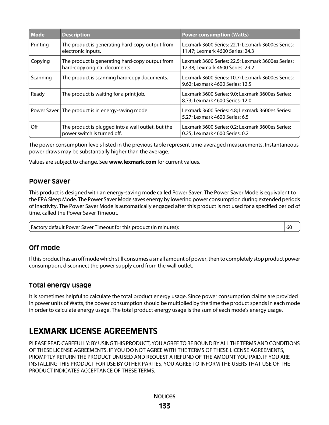 Lexmark 3600, 4600 manual 133, Power Saver, Off mode, Total energy usage 