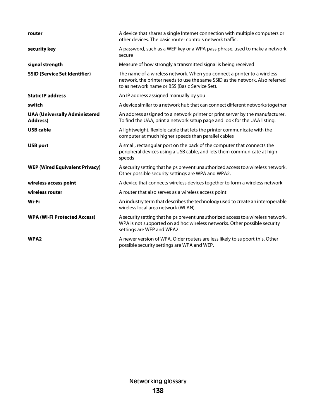 Lexmark 4600, 3600 manual 138, WPA Wi-Fi Protected Access 