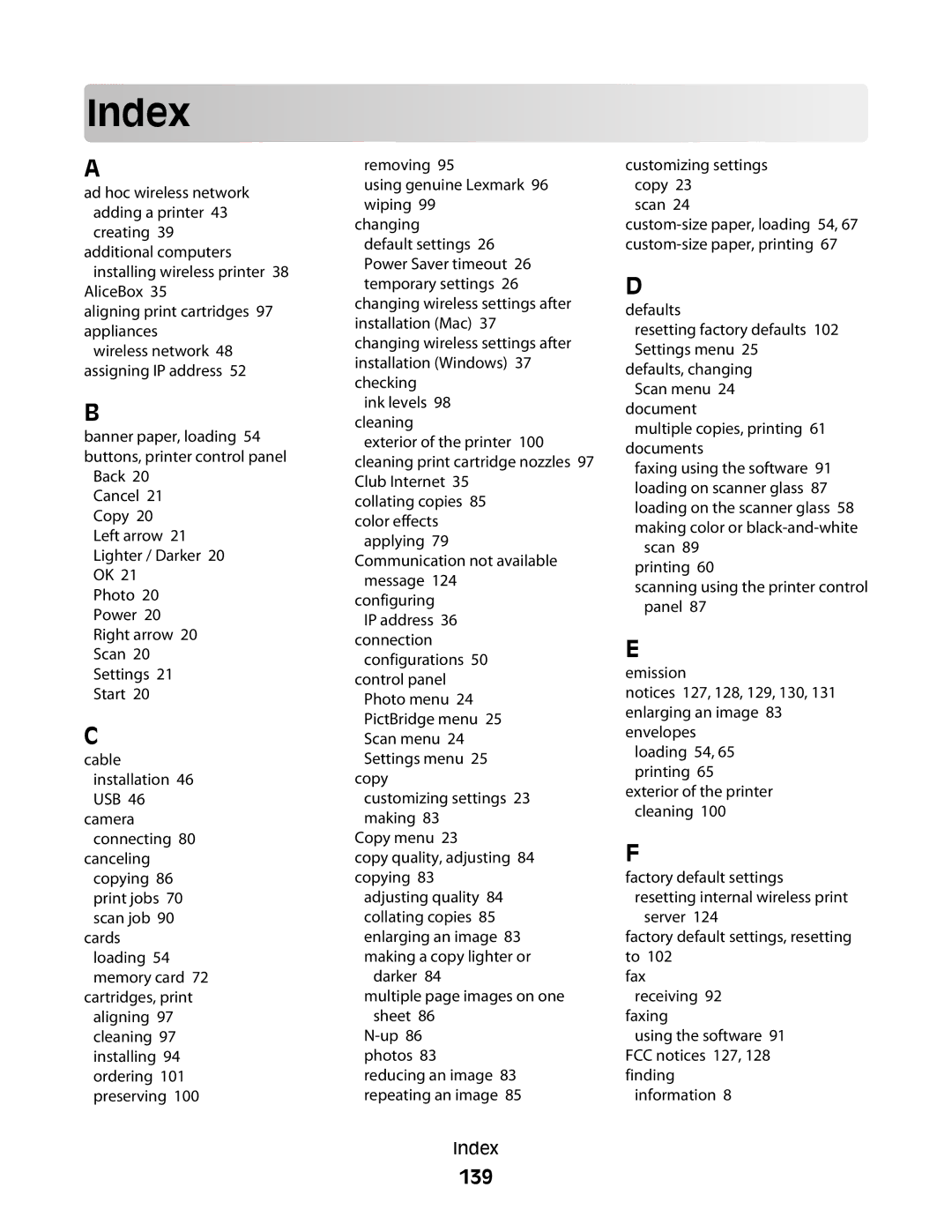 Lexmark 3600, 4600 manual Index, 139 