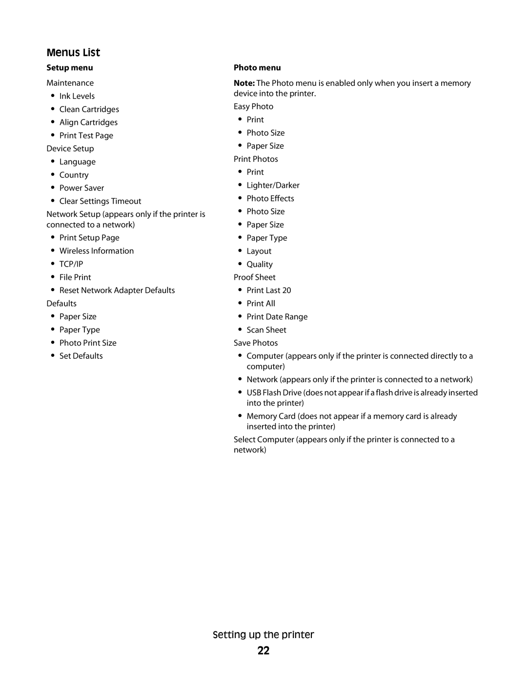 Lexmark 4600, 3600 manual Menus List, Setup menu 