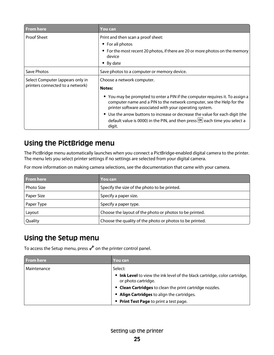 Lexmark 3600, 4600 manual Using the PictBridge menu, Using the Setup menu 