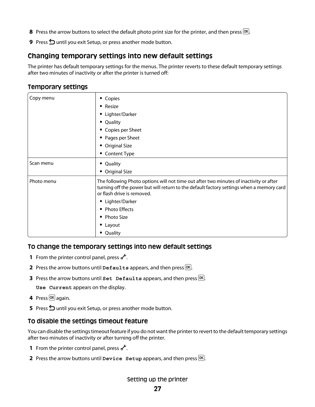 Lexmark 3600, 4600 manual Changing temporary settings into new default settings, Temporary settings 