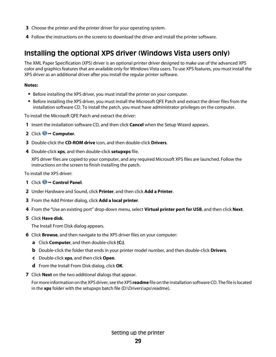 Lexmark 3600, 4600 Installing the optional XPS driver Windows Vista users only, Click  Computer, Click  Control Panel 