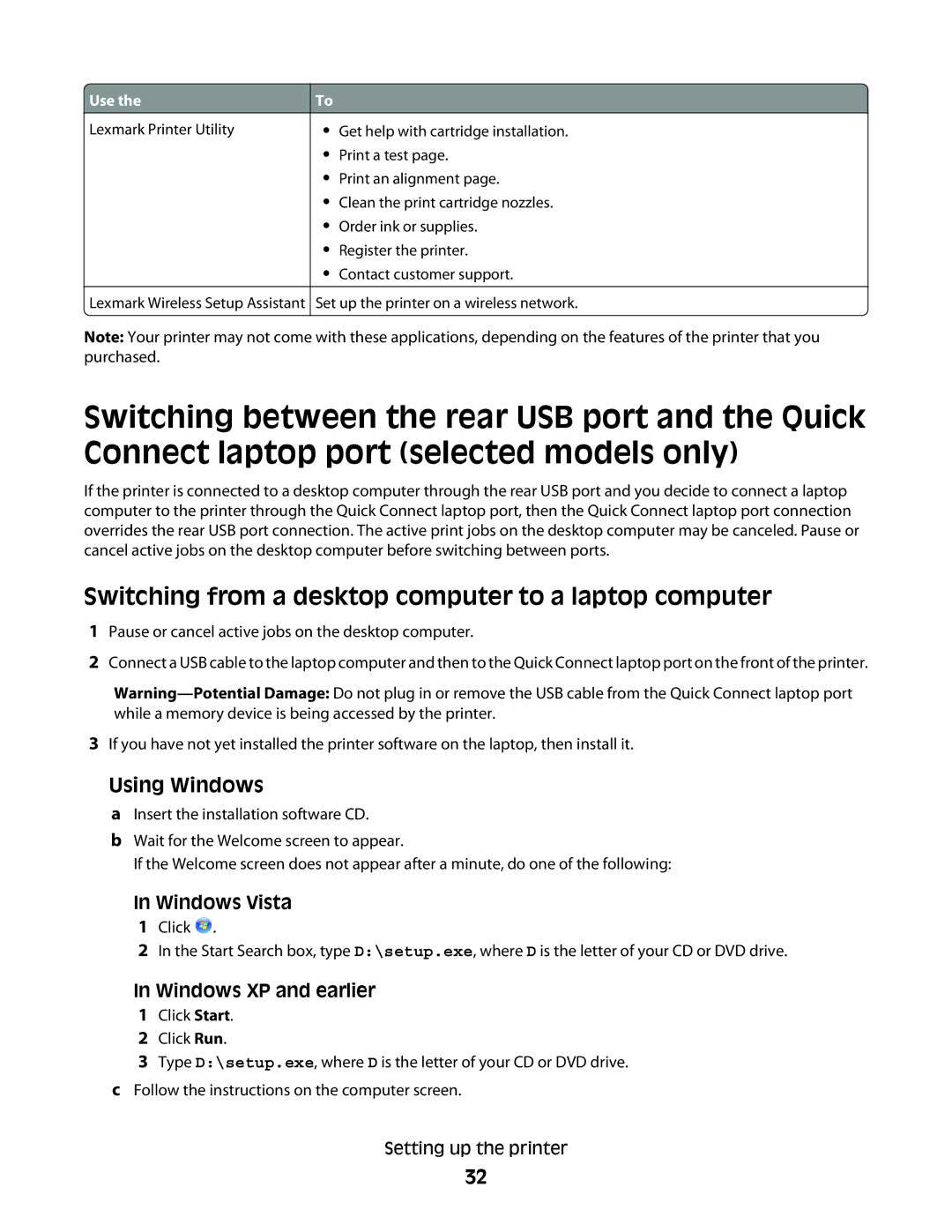 Lexmark 4600, 3600 manual Switching from a desktop computer to a laptop computer, Windows Vista, Windows XP and earlier 