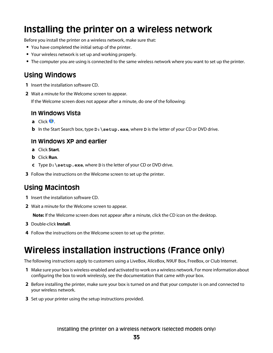 Lexmark 3600 Installing the printer on a wireless network, Wireless installation instructions France only, Using Windows 