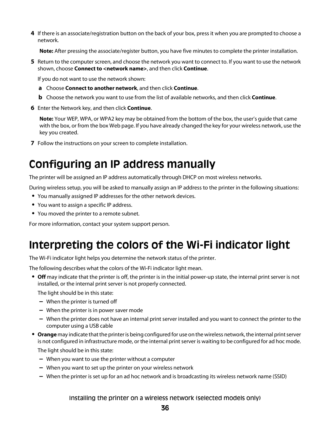 Lexmark 4600, 3600 Configuring an IP address manually, Interpreting the colors of the Wi-Fi indicator light 