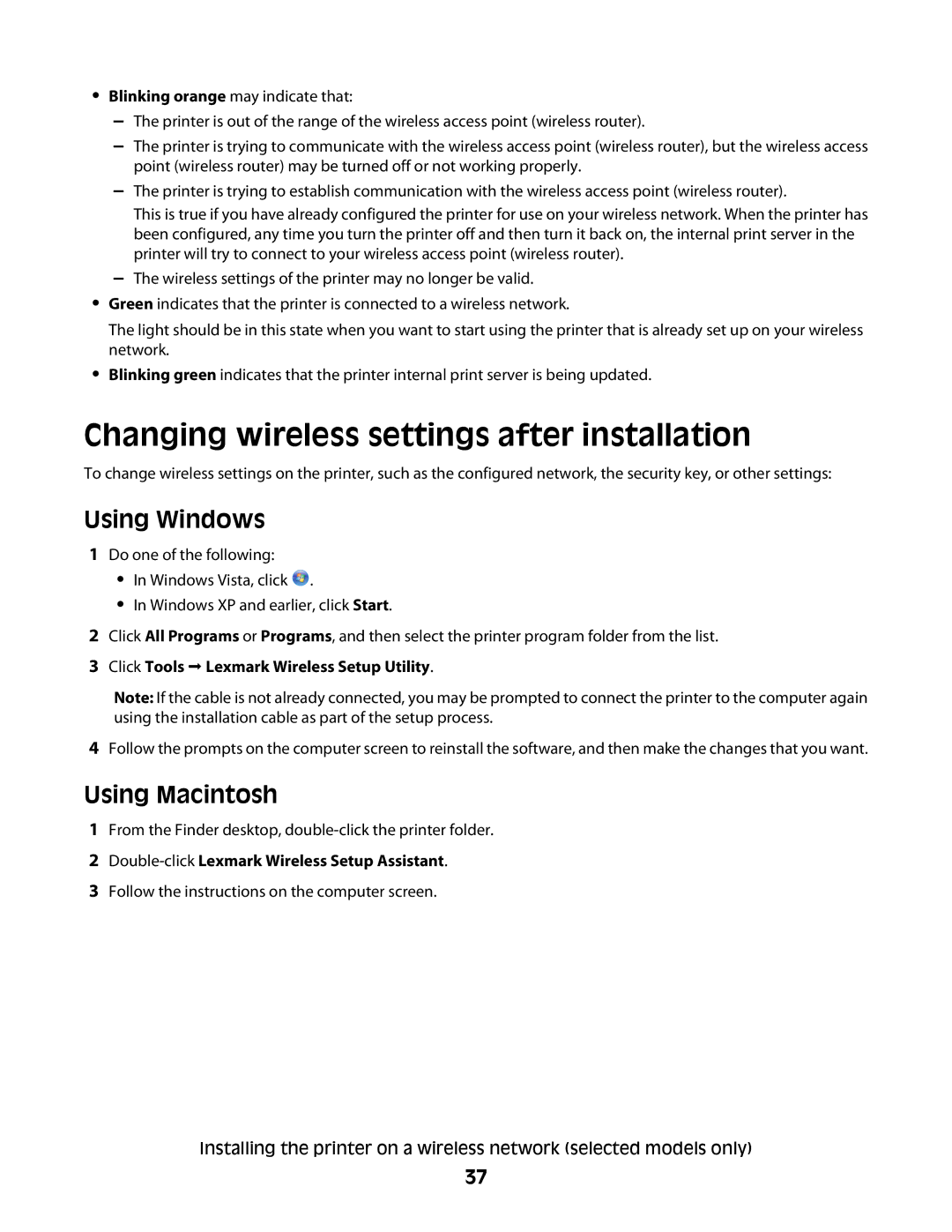 Lexmark 3600, 4600 manual Changing wireless settings after installation, Click Tools  Lexmark Wireless Setup Utility 