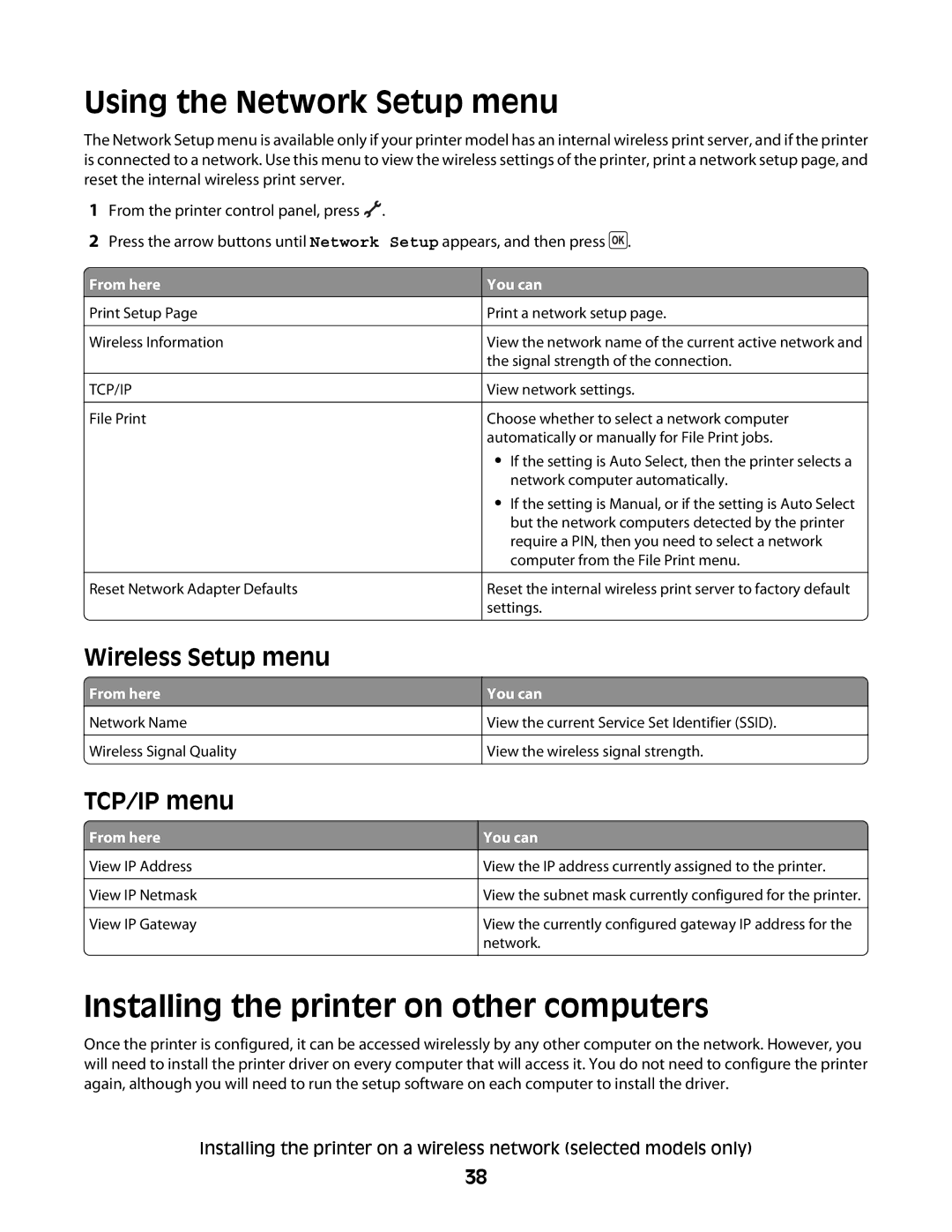 Lexmark 4600 Using the Network Setup menu, Installing the printer on other computers, Wireless Setup menu, TCP/IP menu 