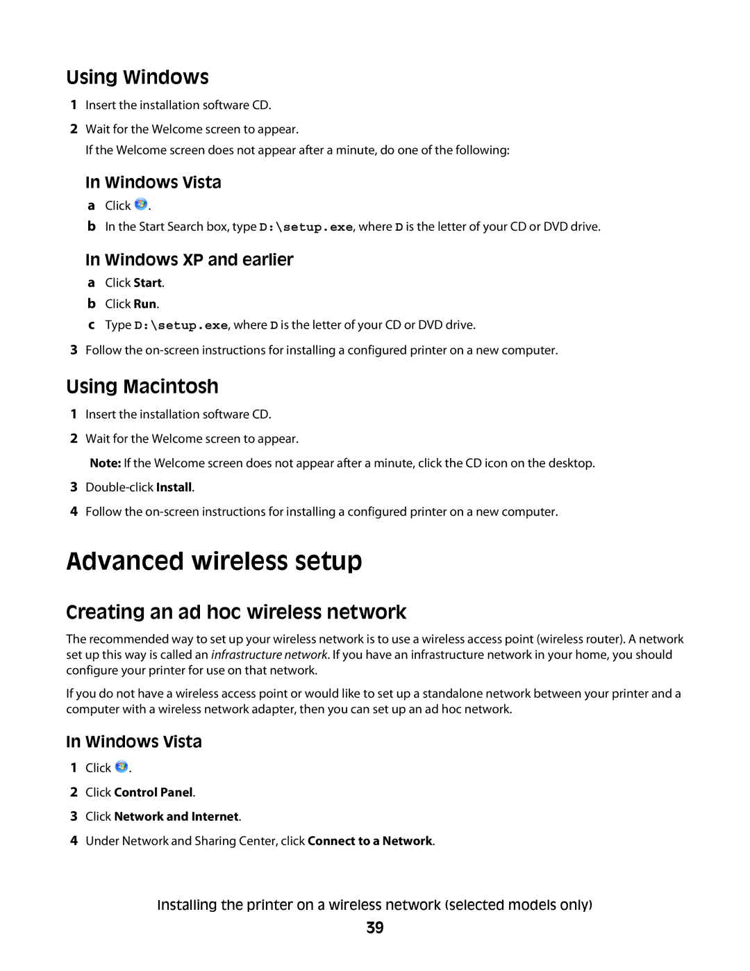 Lexmark 3600 Advanced wireless setup, Creating an ad hoc wireless network, Click Control Panel Click Network and Internet 