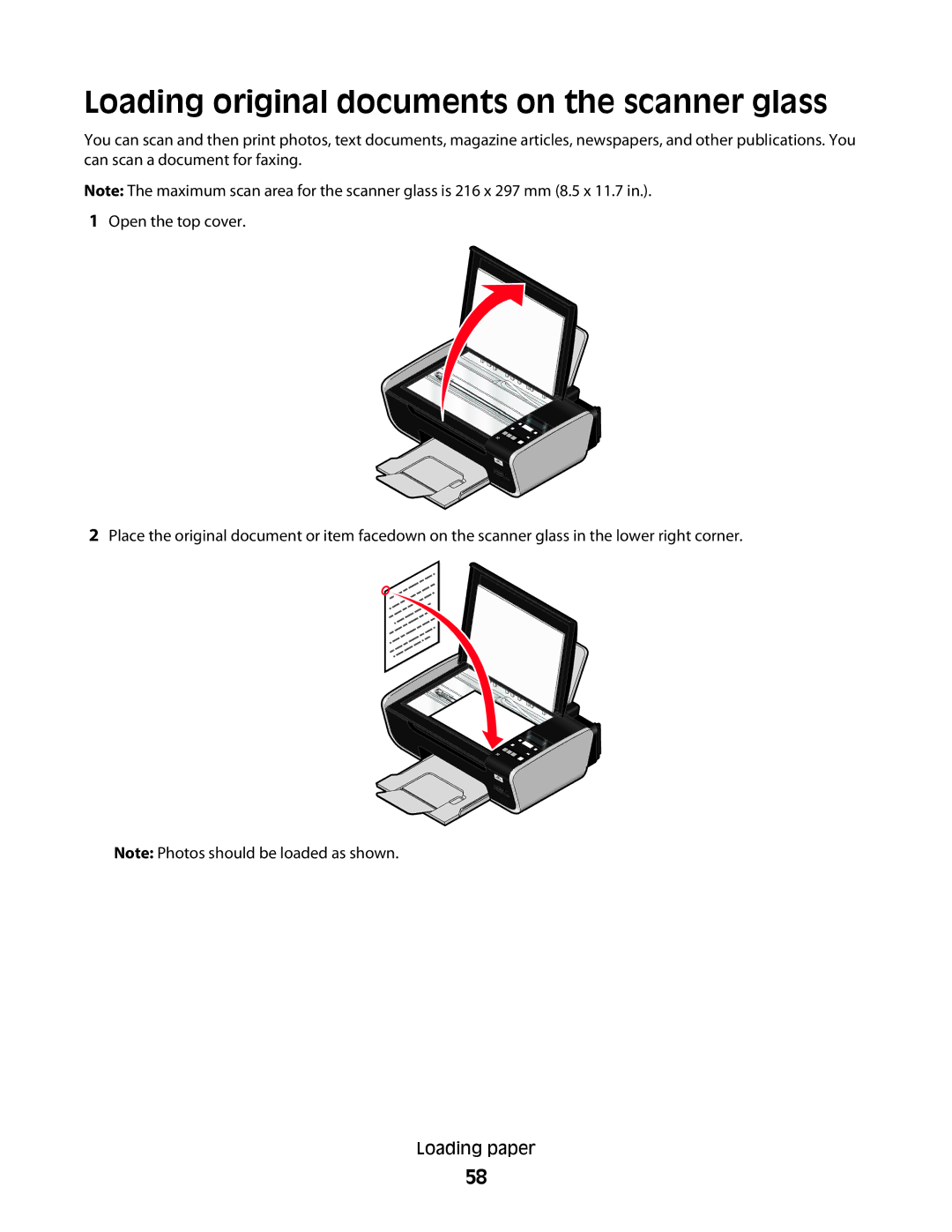 Lexmark 4600, 3600 manual Loading original documents on the scanner glass 