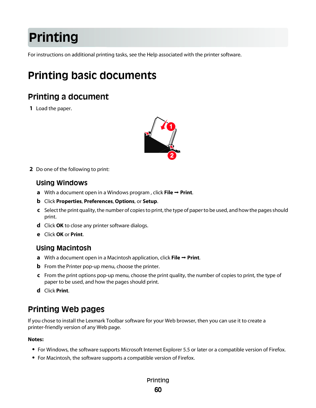 Lexmark 4600, 3600 manual Prin ting, Printing basic documents, Printing a document, Printing Web pages 