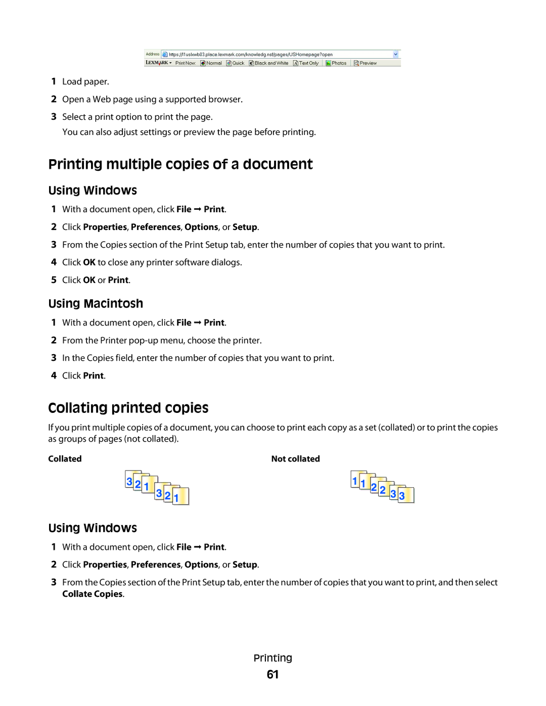 Lexmark 3600, 4600 manual Printing multiple copies of a document, Collating printed copies 