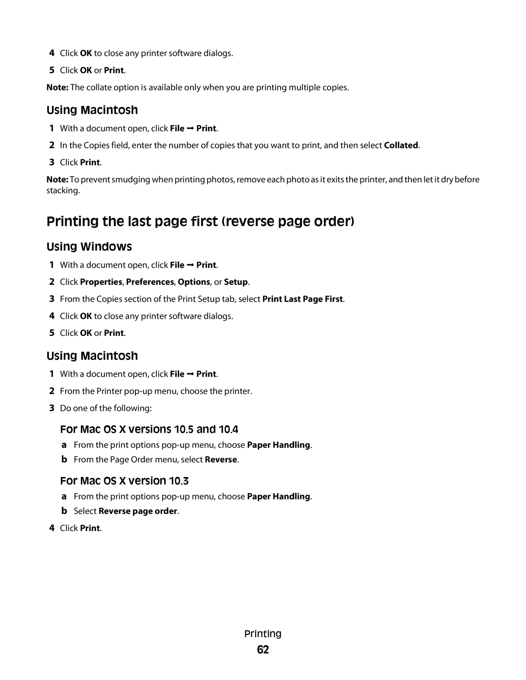 Lexmark 4600, 3600 manual Printing the last page first reverse page order, For Mac OS X versions 10.5 