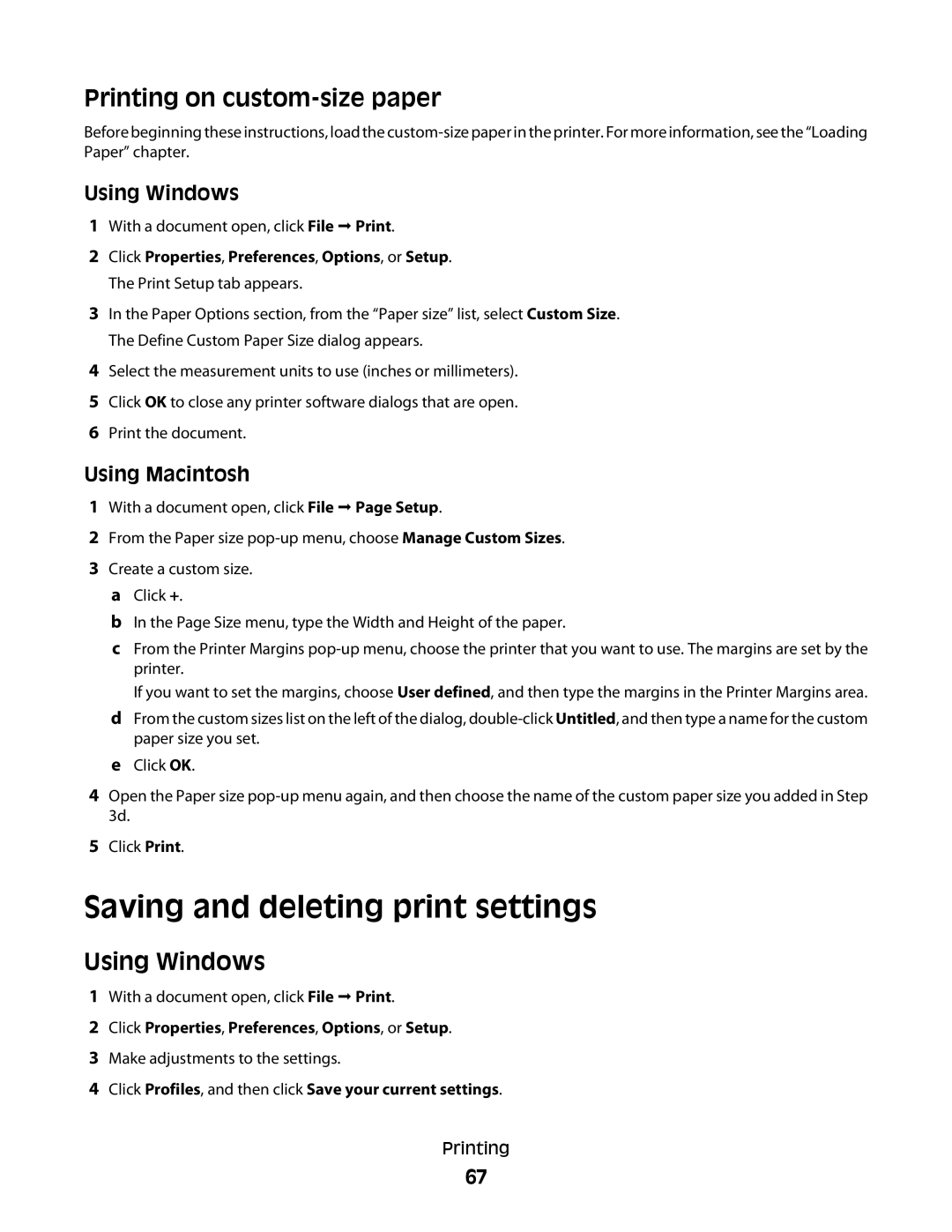 Lexmark 3600, 4600 manual Saving and deleting print settings, Printing on custom-size paper 