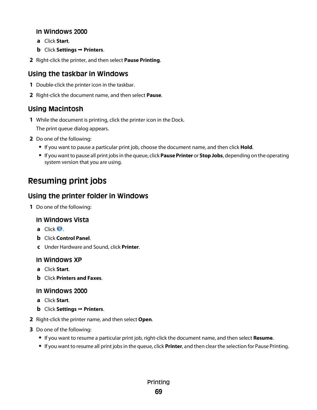 Lexmark 3600, 4600 manual Resuming print jobs, Using the taskbar in Windows, Using the printer folder in Windows 