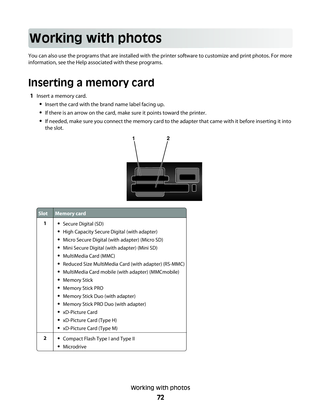 Lexmark 4600, 3600 manual Working with p ho to s, Inserting a memory card 