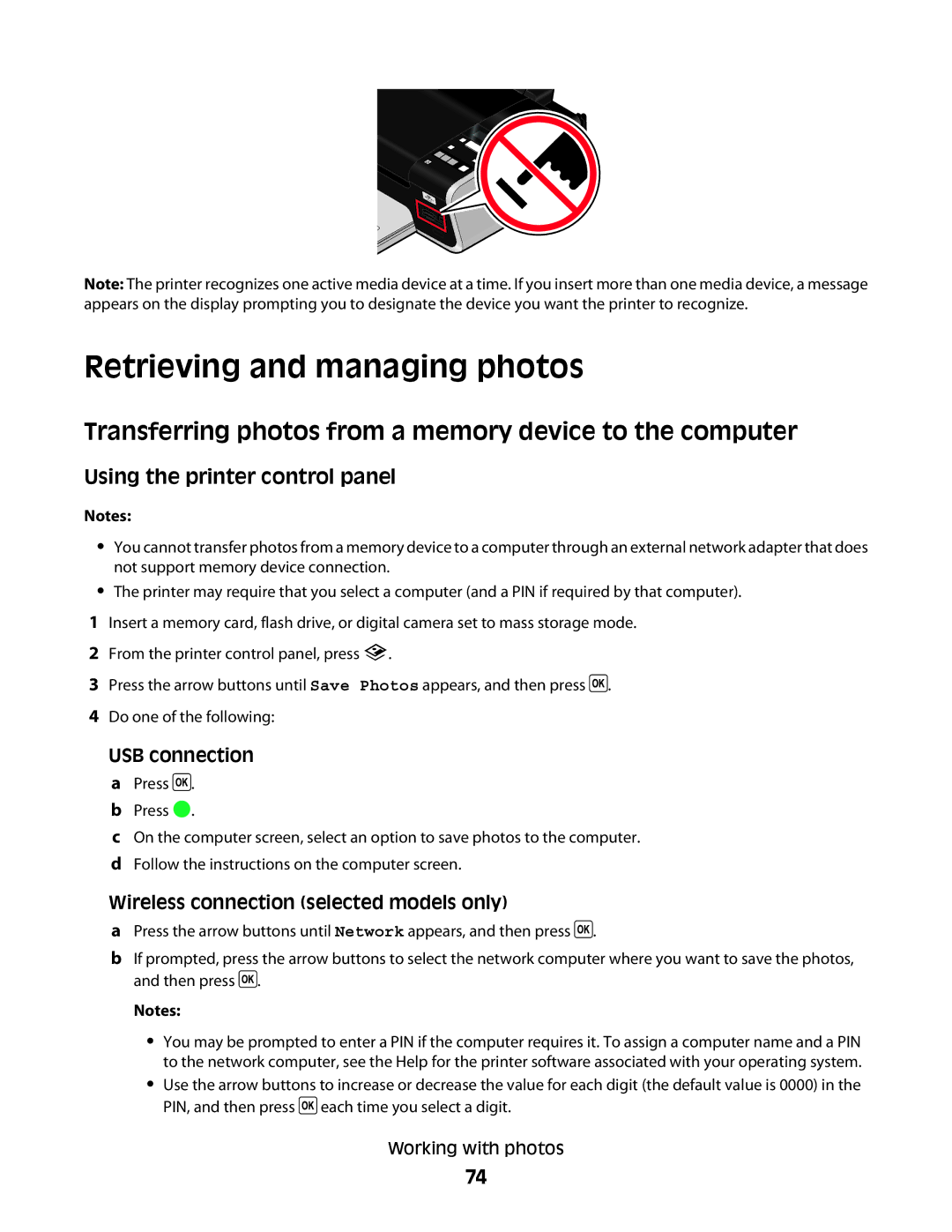 Lexmark 4600 Retrieving and managing photos, Transferring photos from a memory device to the computer, USB connection 