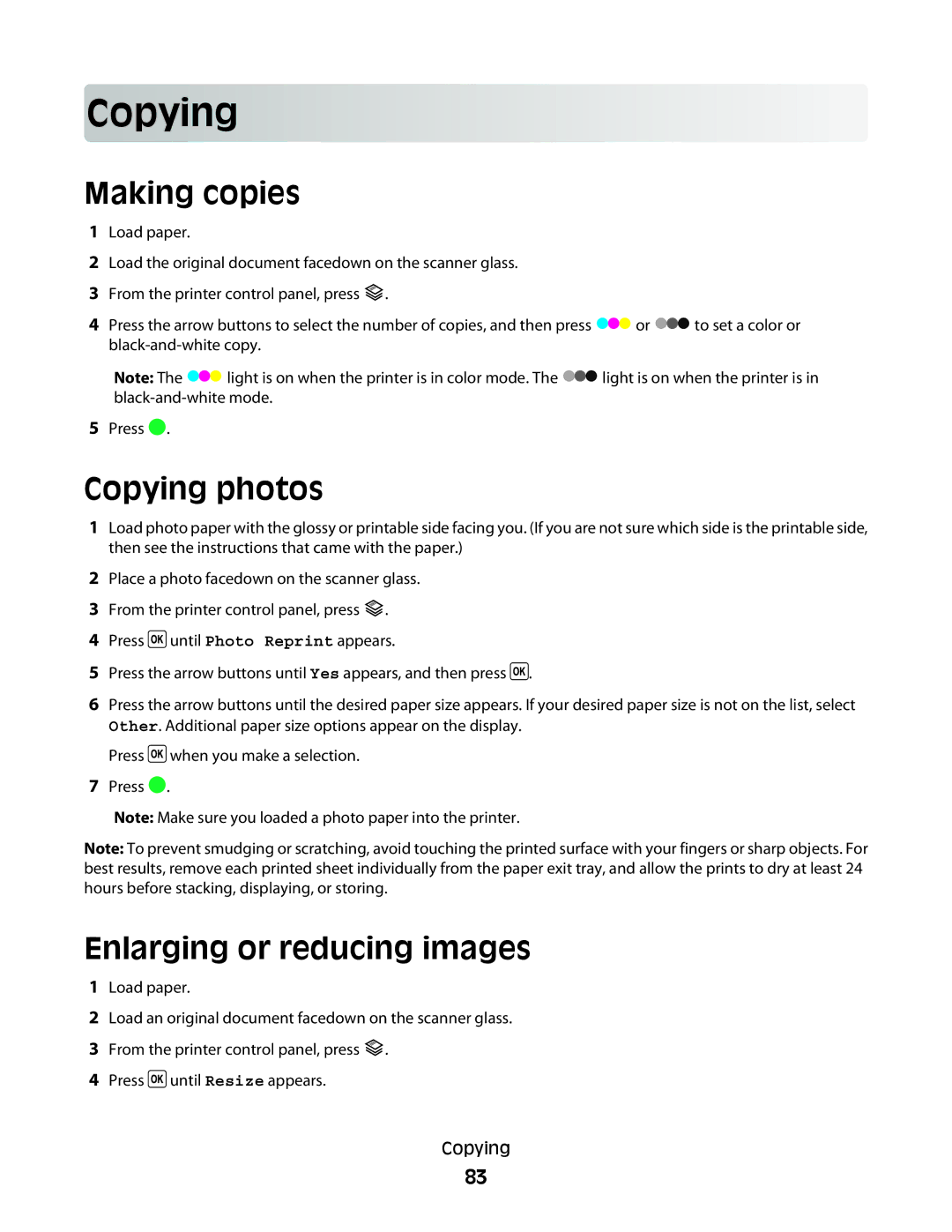 Lexmark 3600, 4600 manual Cop ying, Making copies, Copying photos, Enlarging or reducing images 