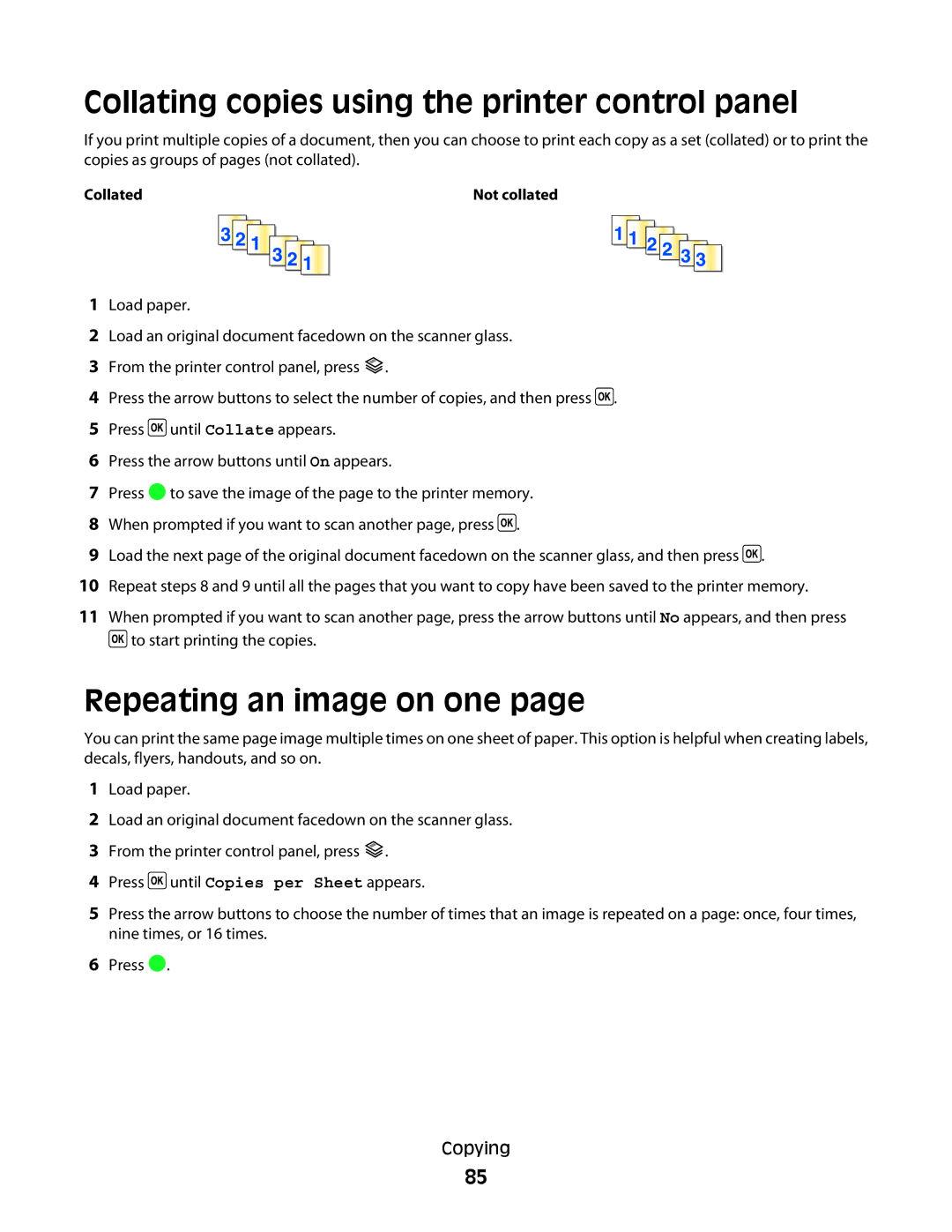 Lexmark 3600, 4600 manual Collating copies using the printer control panel, Repeating an image on one 