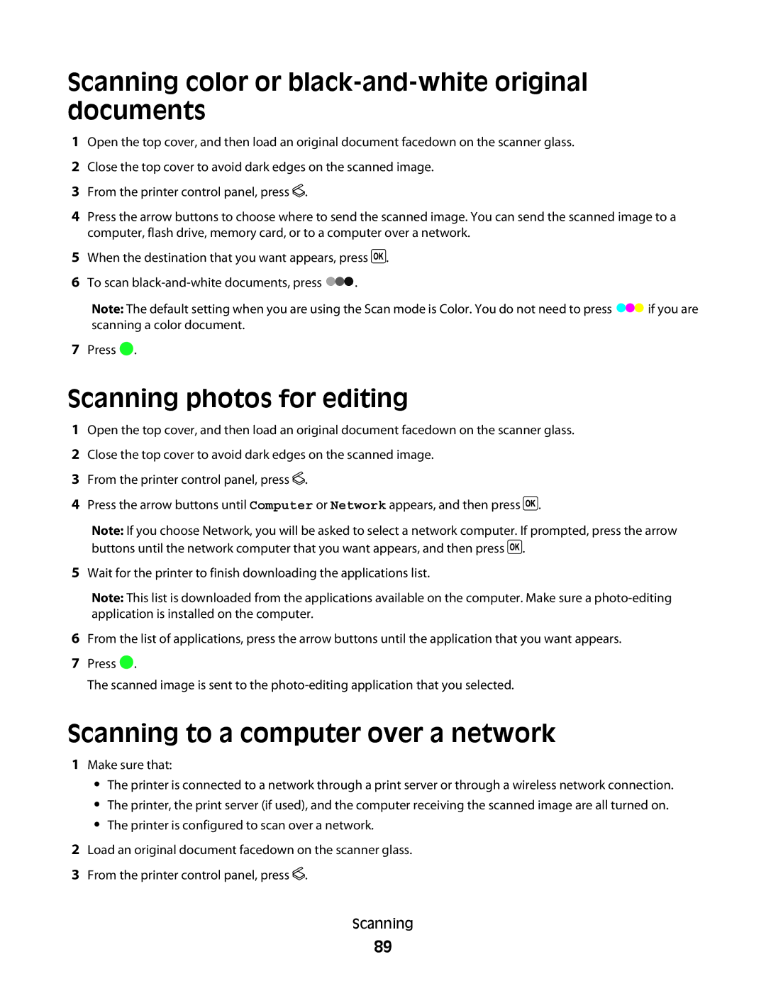 Lexmark 3600, 4600 manual Scanning color or black-and-white original documents, Scanning photos for editing 