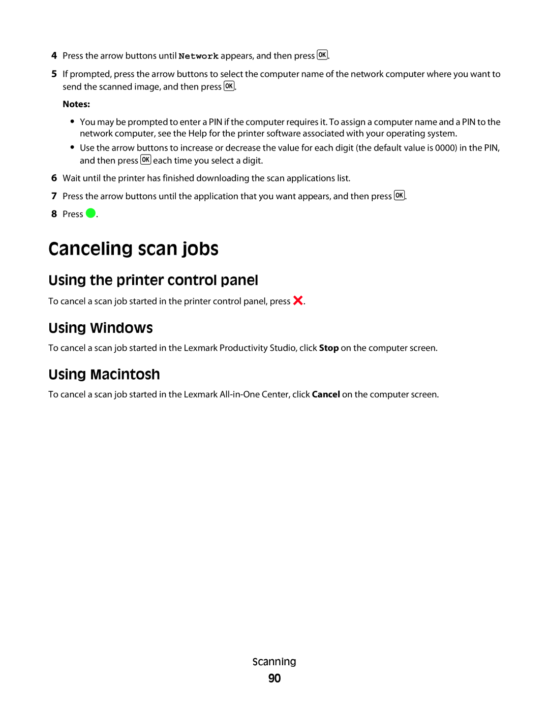 Lexmark 4600, 3600 manual Canceling scan jobs, Using the printer control panel 