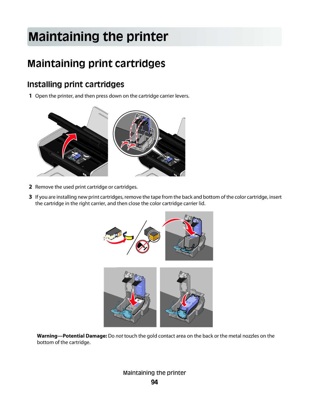 Lexmark 4600, 3600 manual Main taining the prin t er, Maintaining print cartridges, Installing print cartridges 