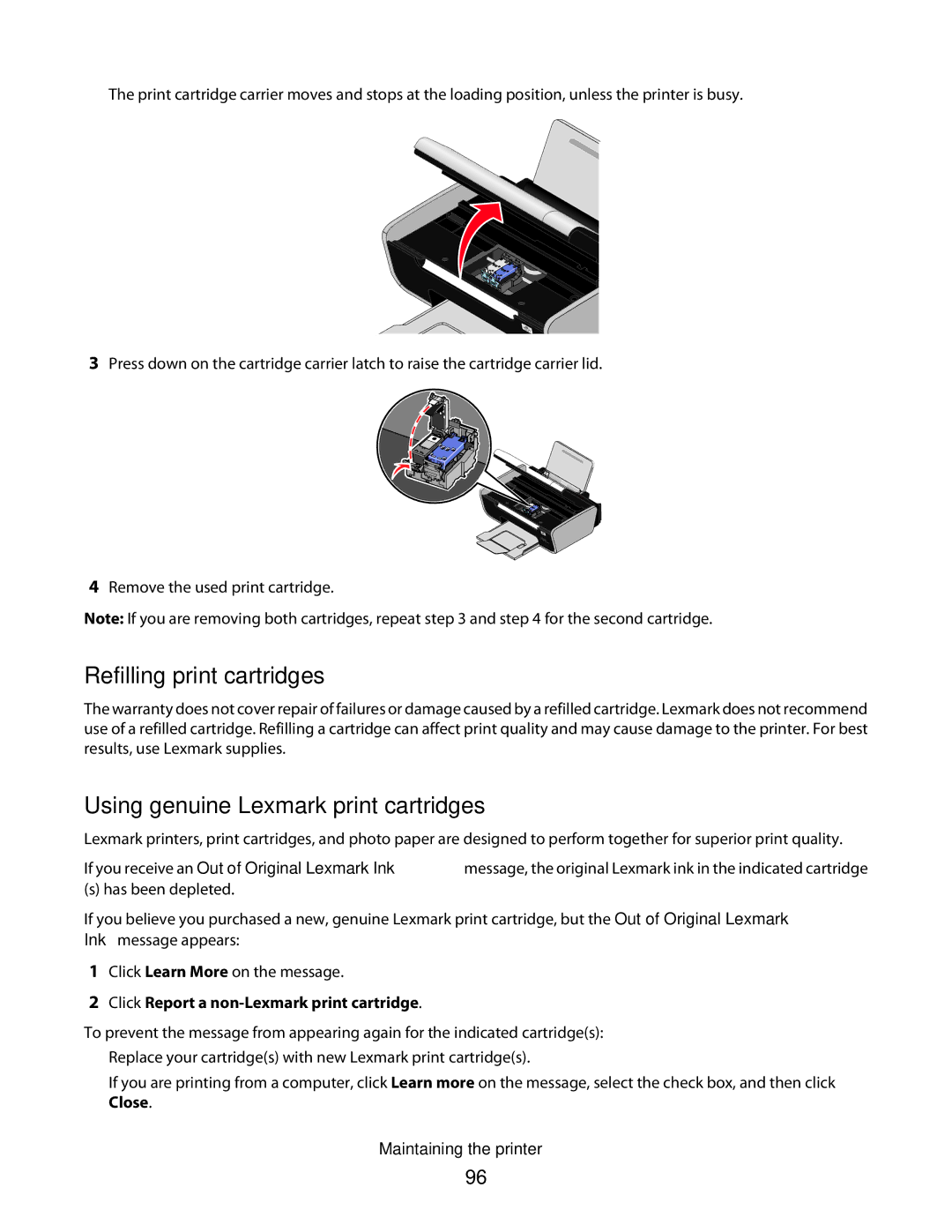 Lexmark 4600, 3600 manual Refilling print cartridges, Using genuine Lexmark print cartridges 