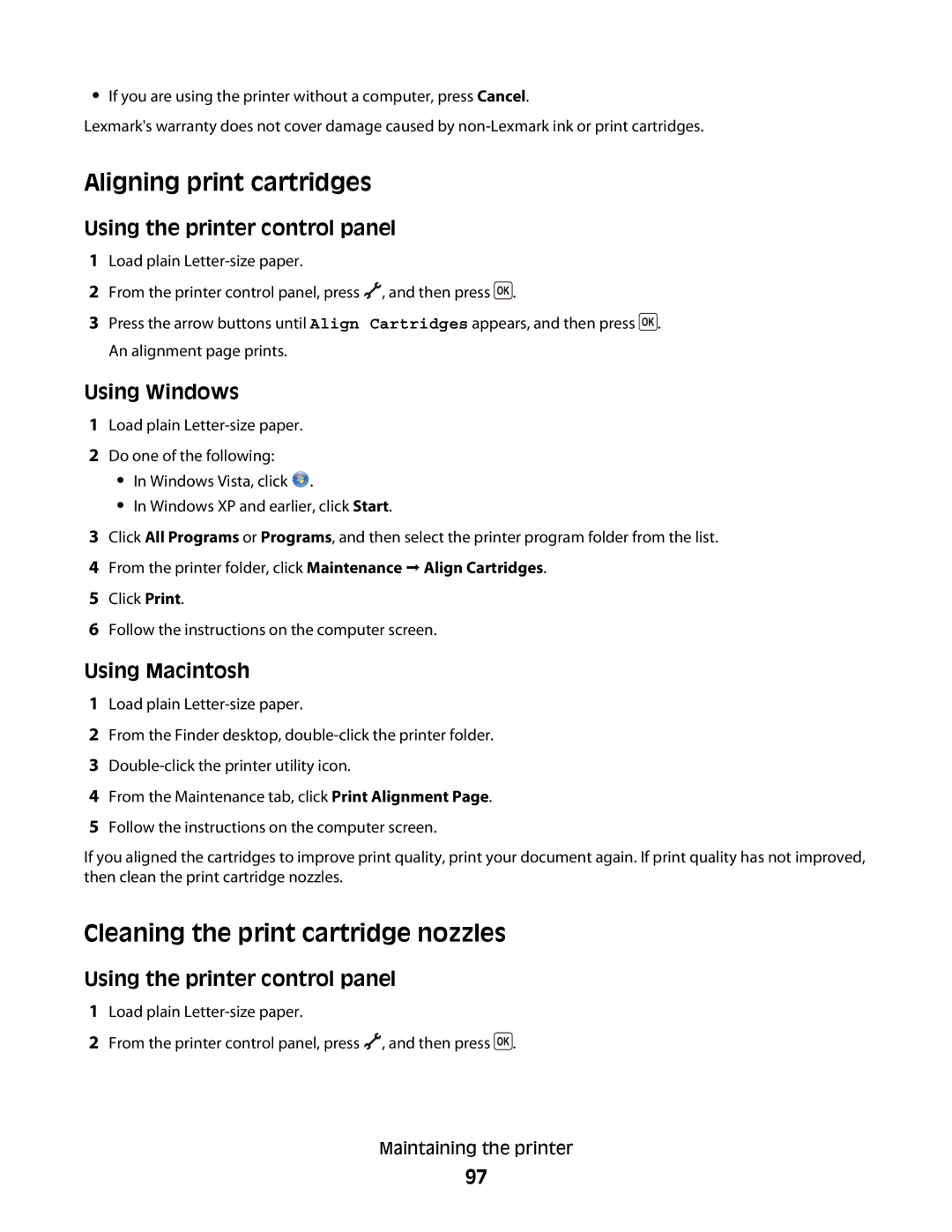 Lexmark 3600, 4600 manual Aligning print cartridges, Cleaning the print cartridge nozzles 