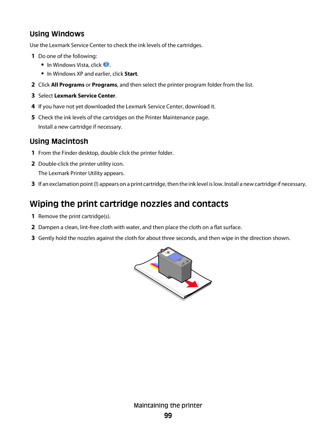 Lexmark 3600, 4600 manual Wiping the print cartridge nozzles and contacts, Select Lexmark Service Center 