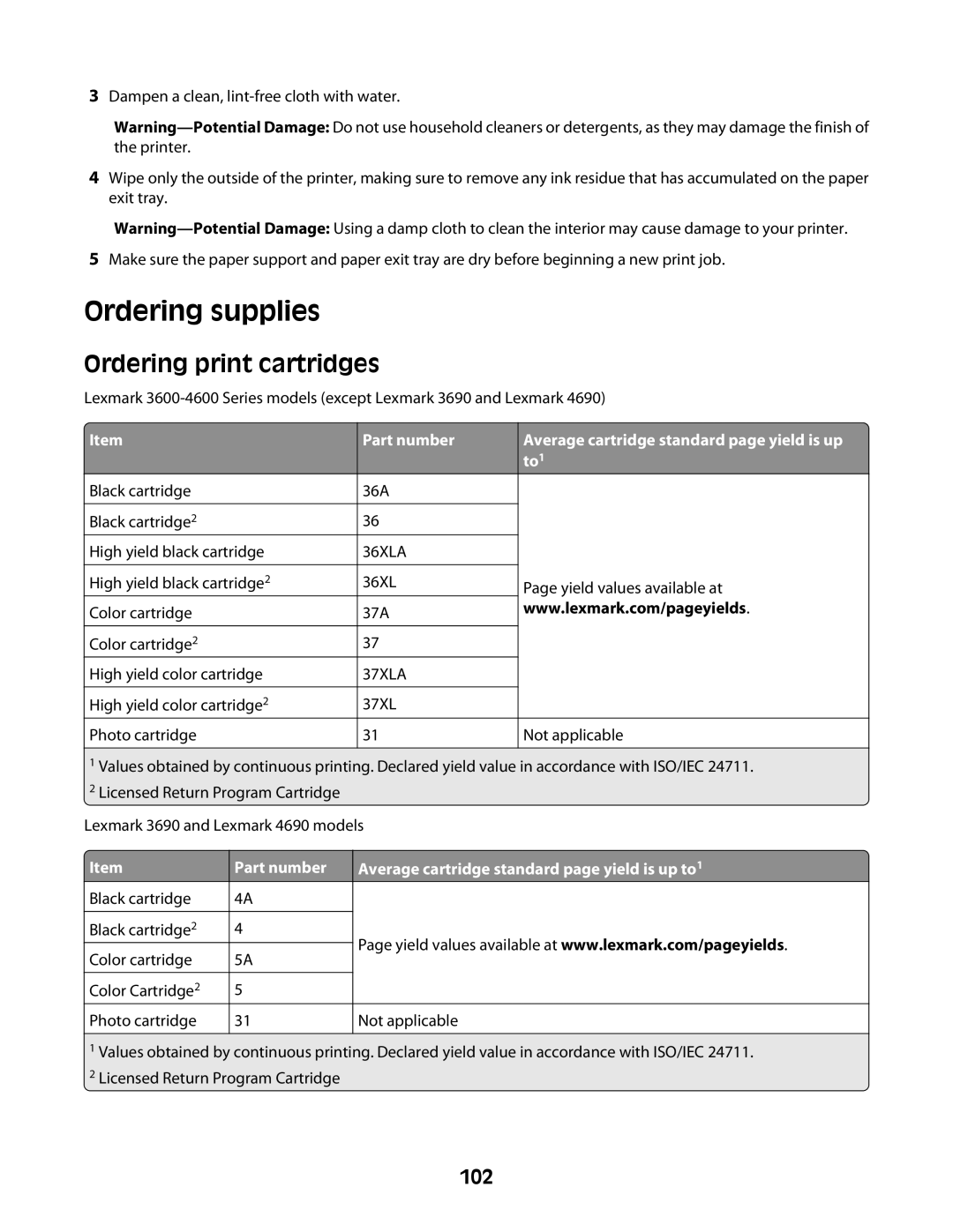 Lexmark 4600 Series manual Ordering supplies, Ordering print cartridges, 102 