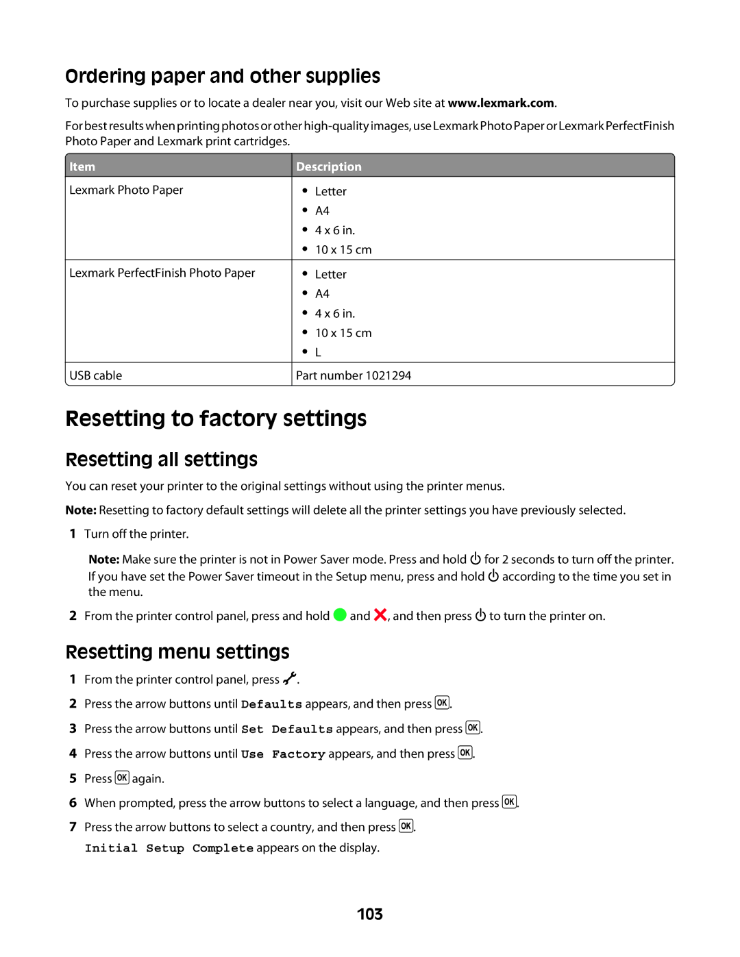 Lexmark 4600 Series manual Resetting to factory settings, Ordering paper and other supplies, Resetting all settings, 103 