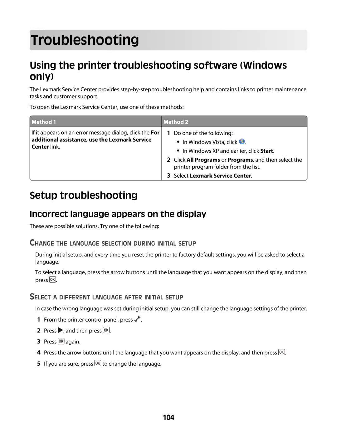 Lexmark 4600 Series Troublesho oting, Using the printer troubleshooting software Windows only, Setup troubleshooting, 104 