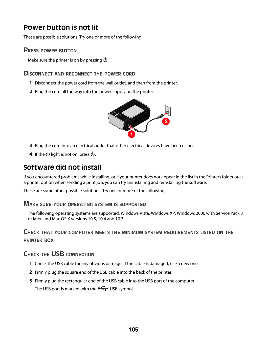 Lexmark 4600 Series manual Power button is not lit, Software did not install, 105 