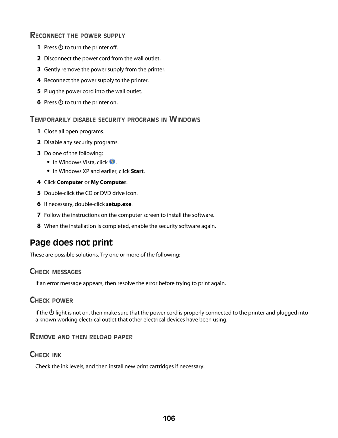 Lexmark 4600 Series manual Does not print, 106 