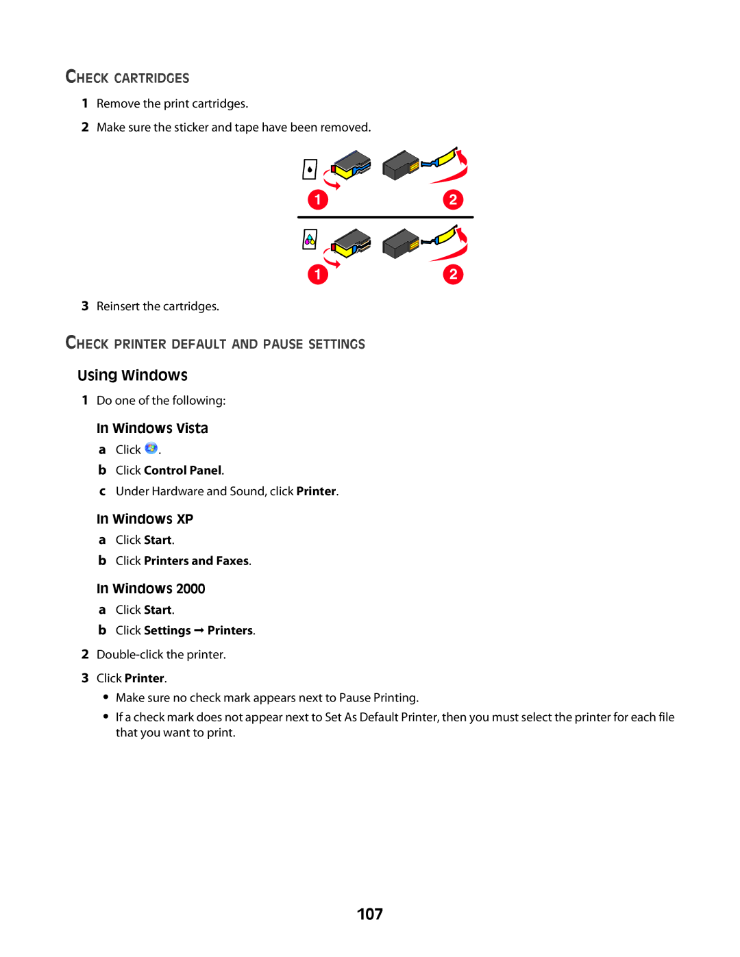 Lexmark 4600 Series manual 107, Using Windows, Check Cartridges, Check Printer Default and Pause Settings 