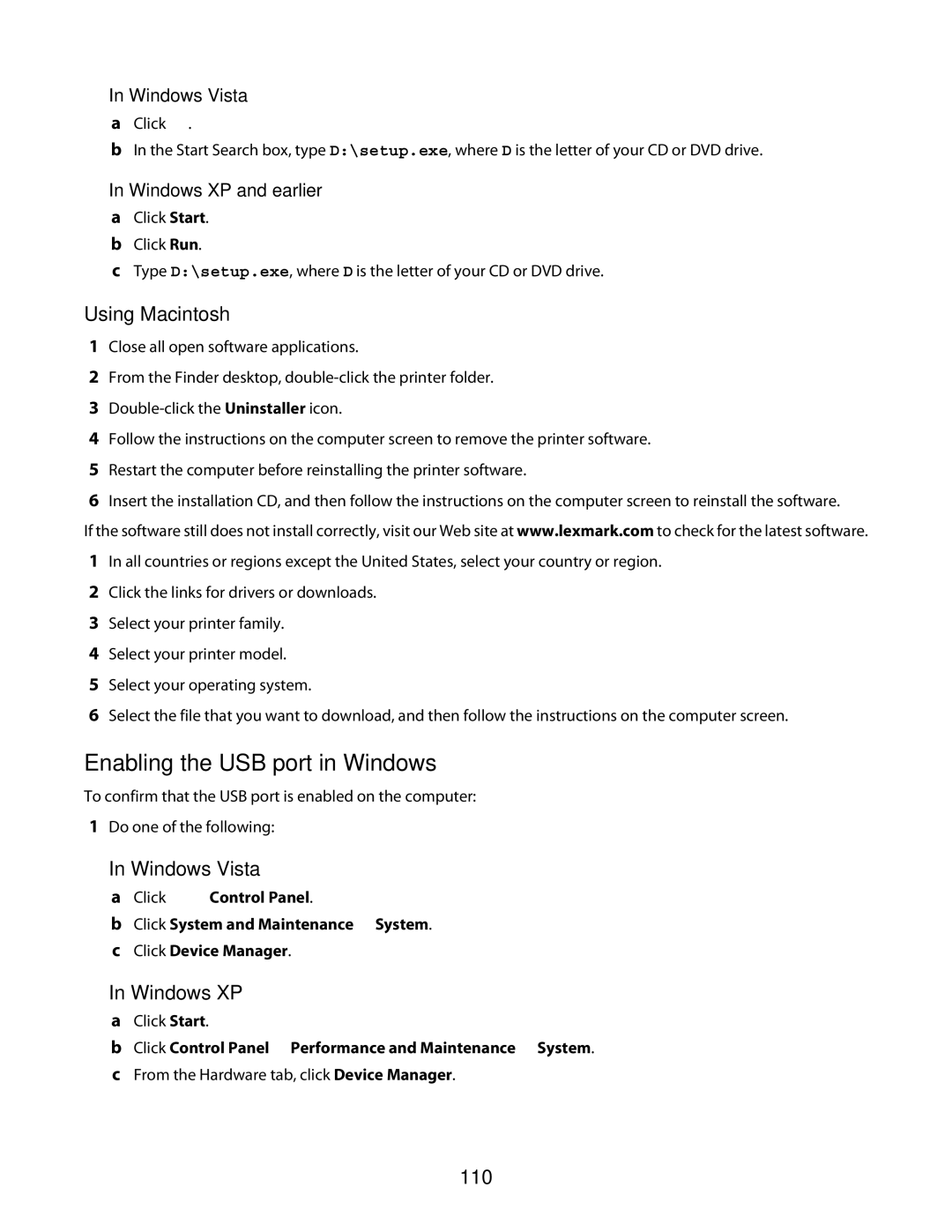 Lexmark 4600 Series manual Enabling the USB port in Windows, Windows XP, 110 