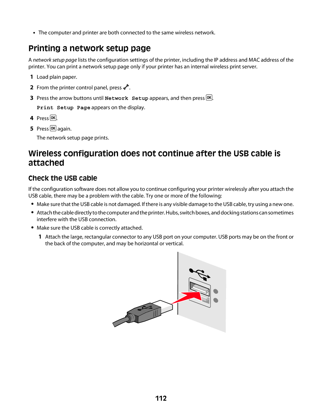 Lexmark 4600 Series manual Printing a network setup, Check the USB cable, 112 