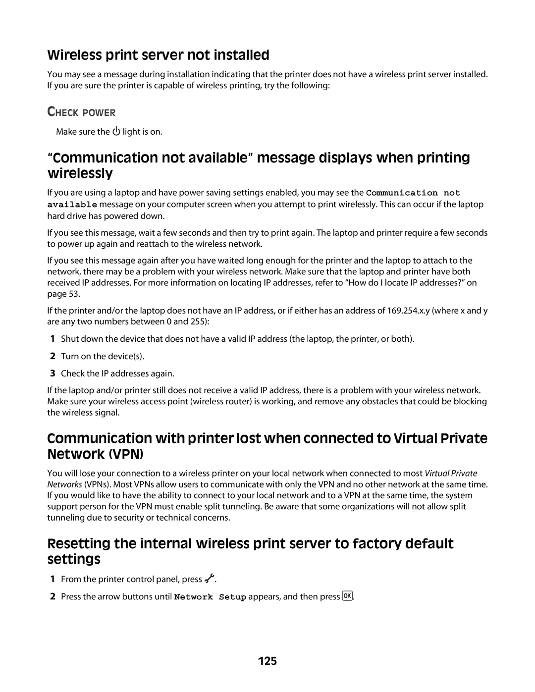 Lexmark 4600 Series manual Wireless print server not installed, 125 