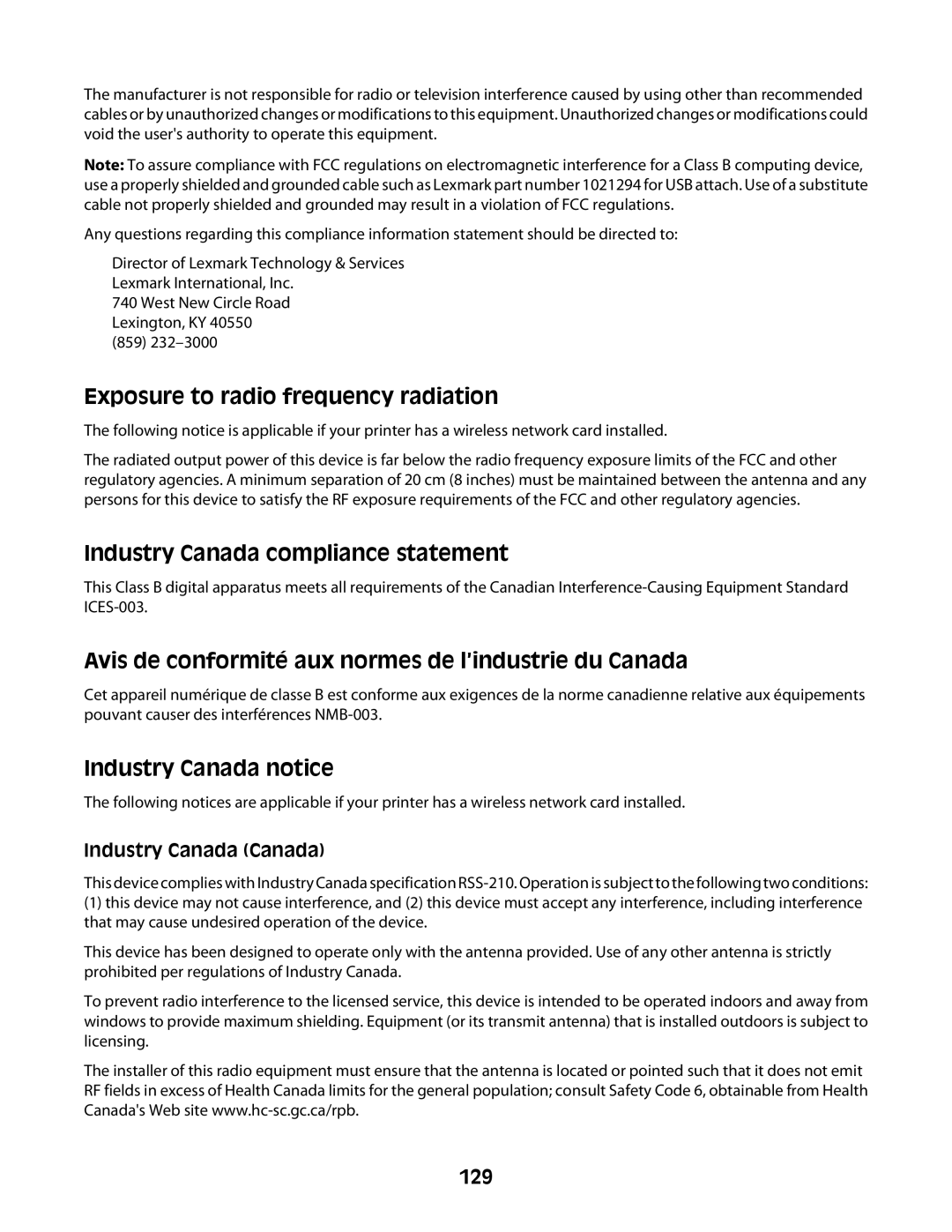 Lexmark 4600 Series manual 129, Industry Canada Canada 