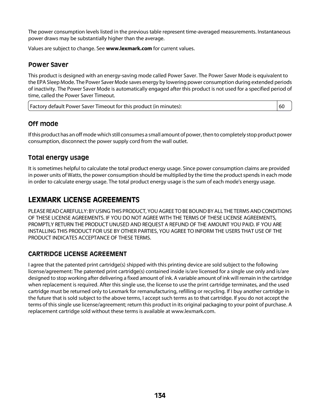 Lexmark 4600 Series manual 134, Power Saver, Off mode, Total energy usage 