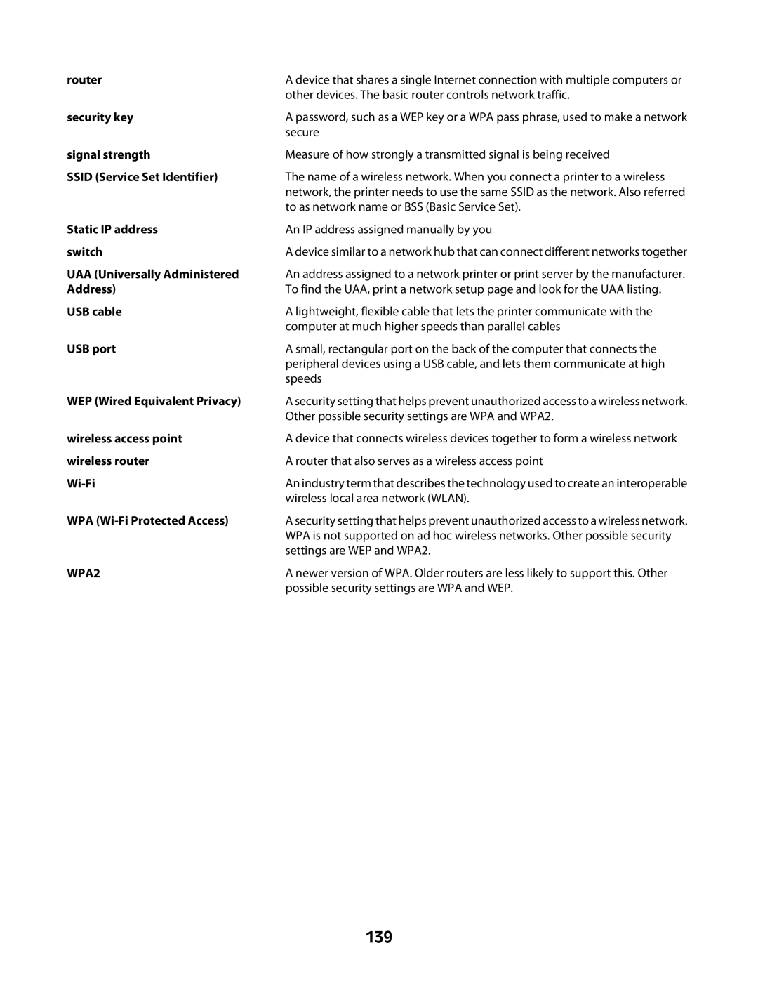 Lexmark 4600 Series manual 139, WPA Wi-Fi Protected Access 