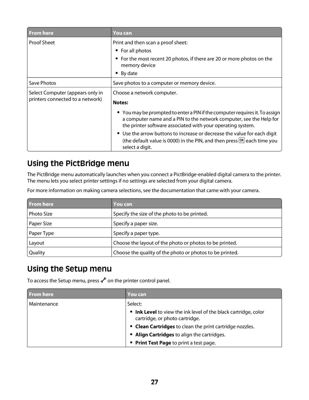 Lexmark 4600 Series manual Using the PictBridge menu, Using the Setup menu 