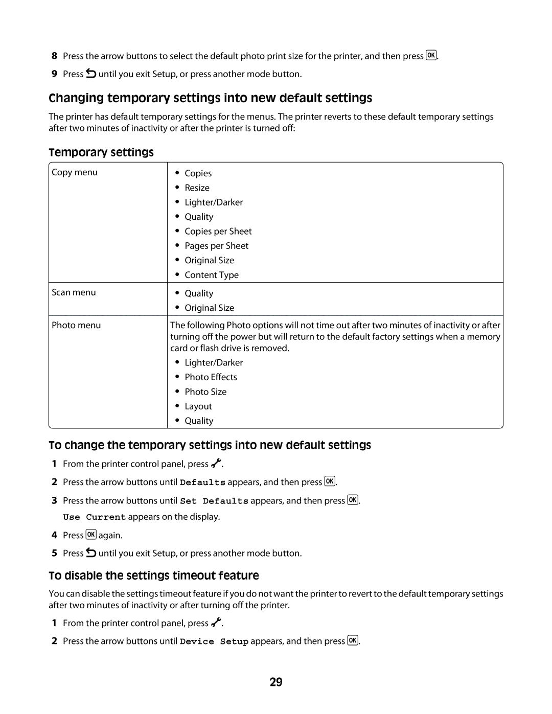 Lexmark 4600 Series manual Changing temporary settings into new default settings, Temporary settings 