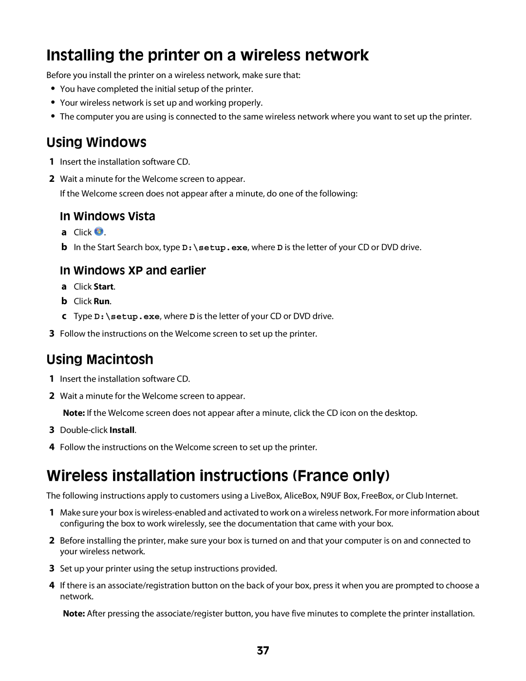 Lexmark 4600 Series manual Installing the printer on a wireless network, Wireless installation instructions France only 