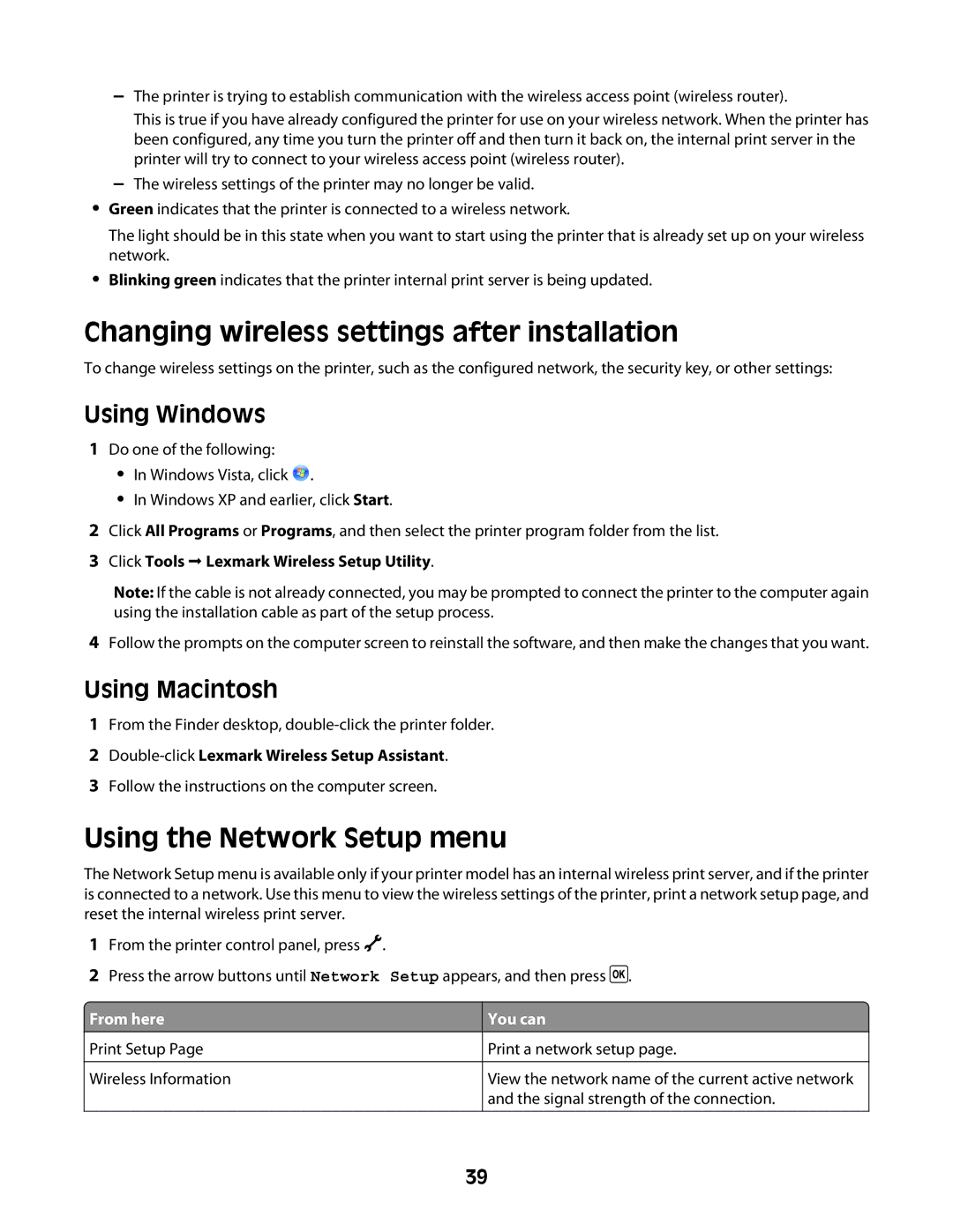 Lexmark 4600 Series manual Changing wireless settings after installation, Using the Network Setup menu 